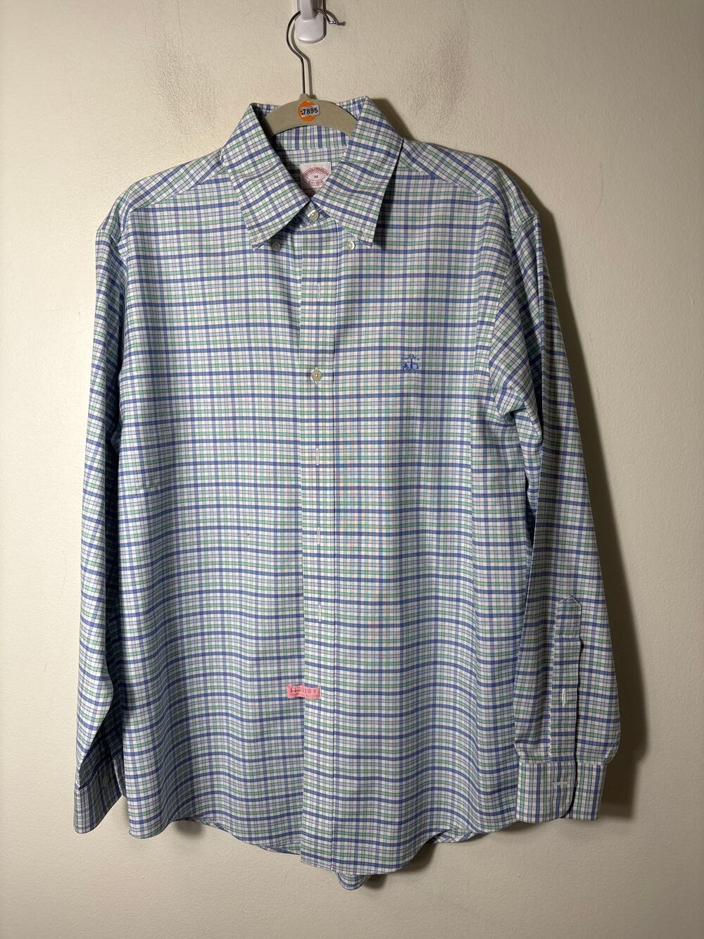 Mens Brooks Brothers Green and Blue Mini Windowpane Long Sleeve Dress Shirt Sz M